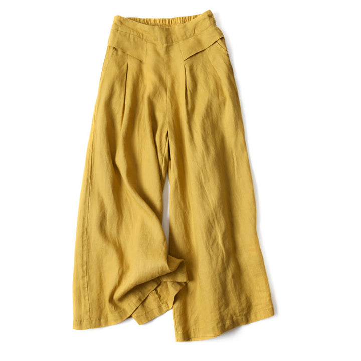 Buddha Stones Plain Color Cotton Linen High Waist Wide Leg Pants With Pockets - Yellow - US16,UK/AU20,EU48 (3XL) - image 0