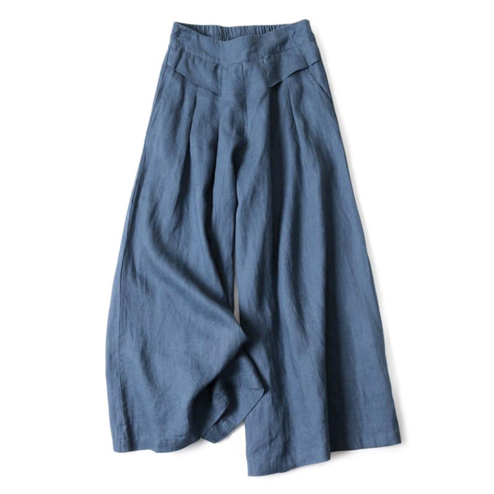 Buddha Stones Plain Color Cotton Linen High Waist Wide Leg Pants With Pockets - SteelBlue - US16,UK/AU20,EU48 (3XL) - image 5
