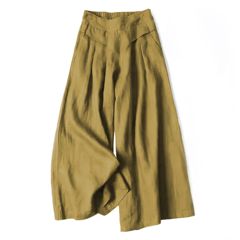 Buddha Stones Plain Color Cotton Linen High Waist Wide Leg Pants With Pockets - DarkKhaki - US16,UK/AU20,EU48 (3XL) - image 9