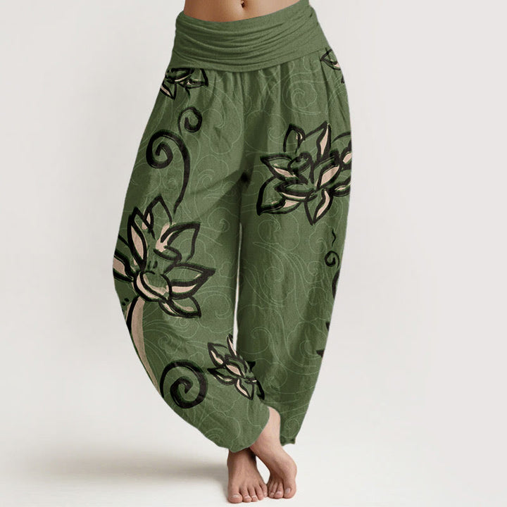 Buddha Stones Pure Cotton Casual Lotus Auspicious Clouds Design Women's Elastic Waist Harem Pants - MediumSeaGreen - US22,UK/AU26,EU54 (6XL) - image 0