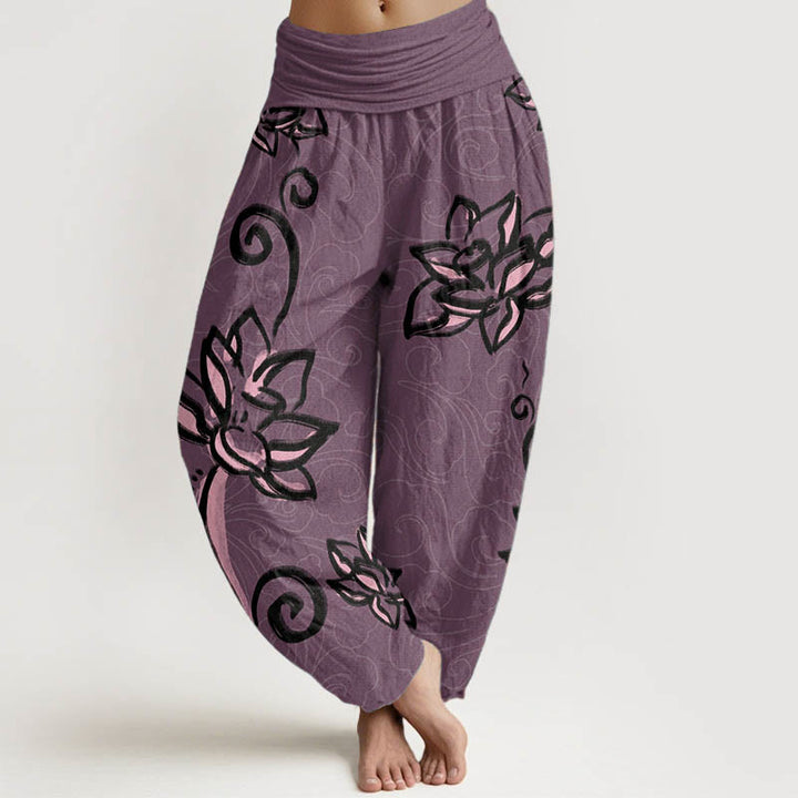 Buddha Stones Pure Cotton Casual Lotus Auspicious Clouds Design Women's Elastic Waist Harem Pants - DarkMagenta - US22,UK/AU26,EU54 (6XL) - image 9