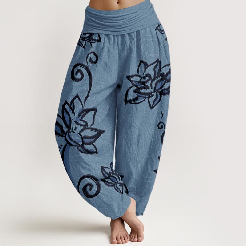 Buddha Stones Pure Cotton Casual Lotus Auspicious Clouds Design Women's Elastic Waist Harem Pants - MediumTurquoise - US22,UK/AU26,EU54 (6XL) - image 6