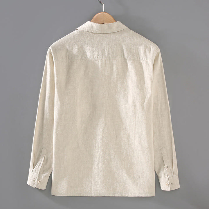 Buddha Stones Solid Color Long Sleeve Buttons Shirt Men Ramie Cotton Clothing With Pockets - image 1