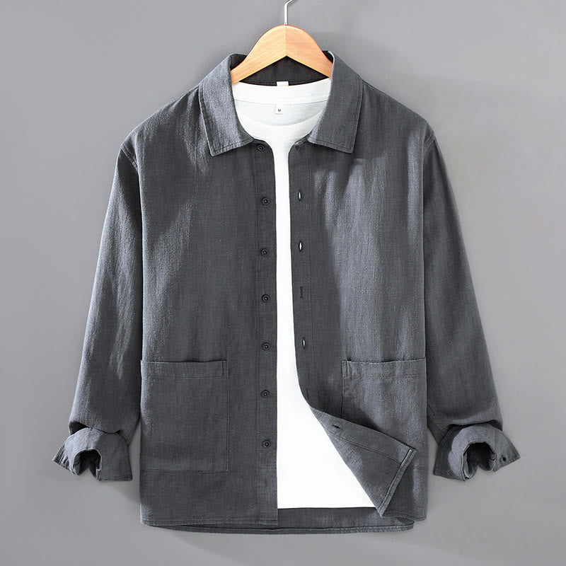 Buddha Stones Solid Color Long Sleeve Buttons Shirt Men Ramie Cotton Clothing With Pockets - SlateGray - US/UK/AU42,EU52 (3XL) - image 8