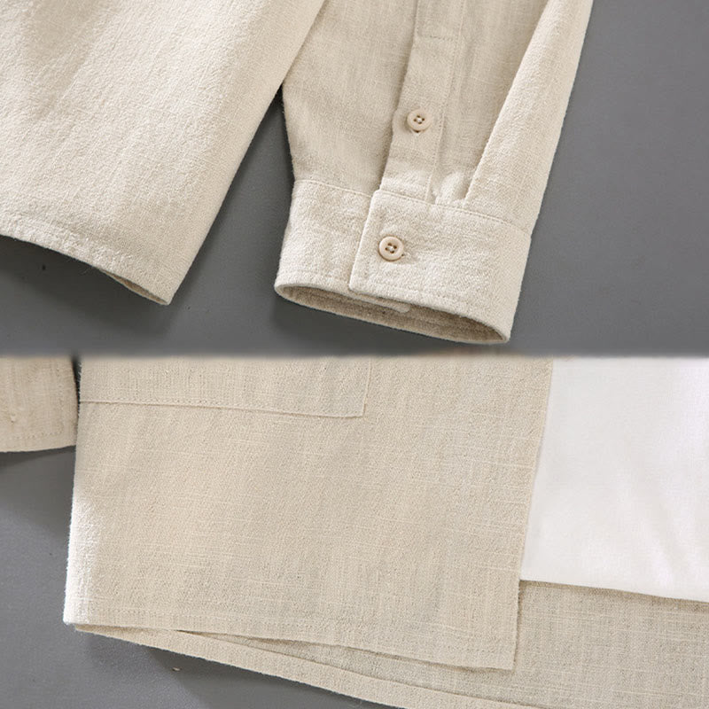 Buddha Stones Solid Color Long Sleeve Buttons Shirt Men Ramie Cotton Clothing With Pockets - image 5