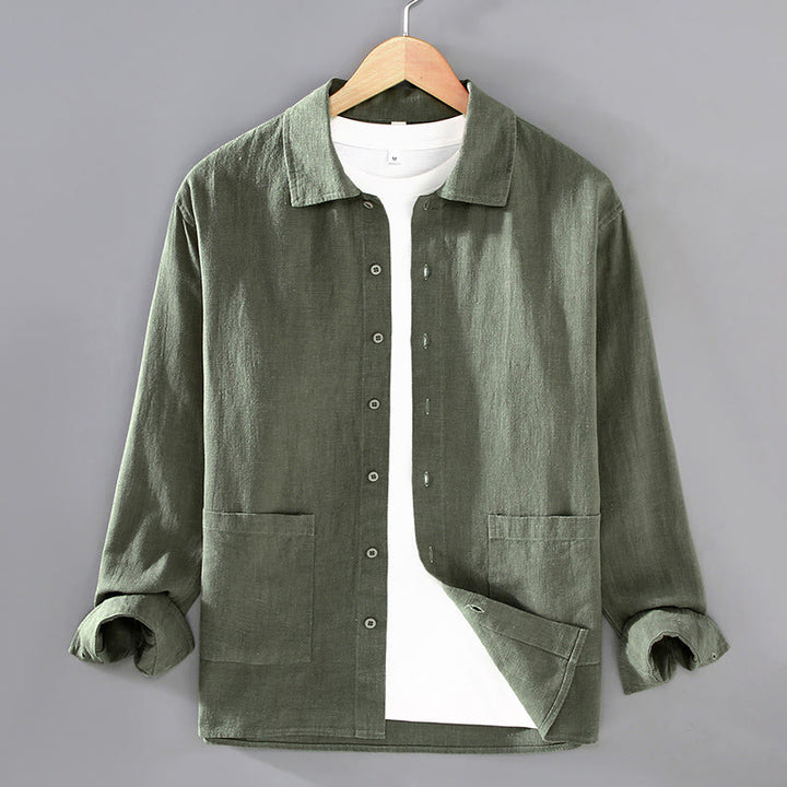 Buddha Stones Solid Color Long Sleeve Buttons Shirt Men Ramie Cotton Clothing With Pockets - DarkOliveGreen - US/UK/AU42,EU52 (3XL) - image 10