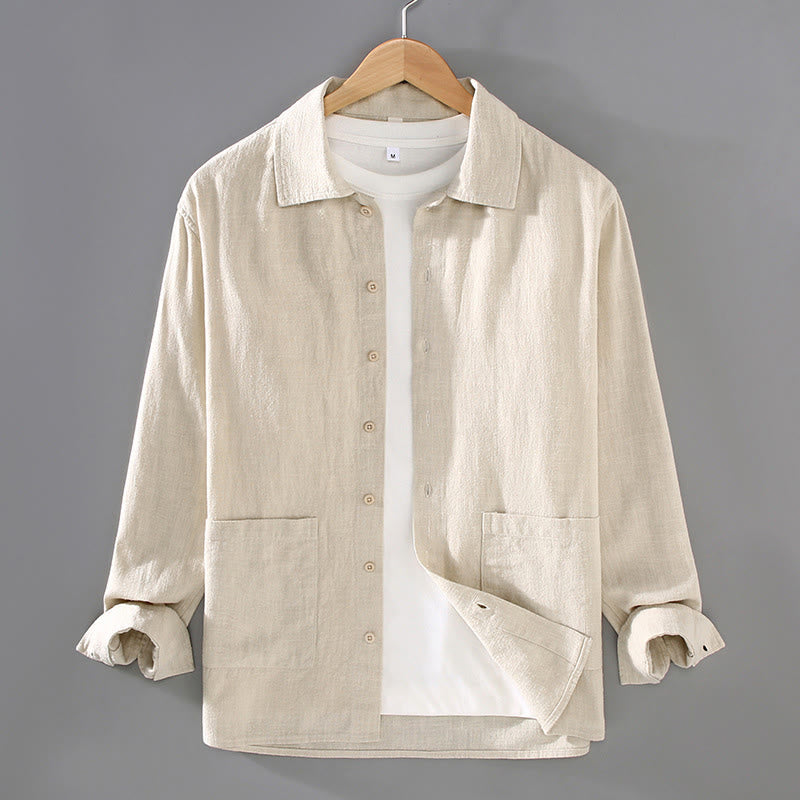 Buddha Stones Solid Color Long Sleeve Buttons Shirt Men Ramie Cotton Clothing With Pockets - Linen - US/UK/AU42,EU52 (3XL) - image 0