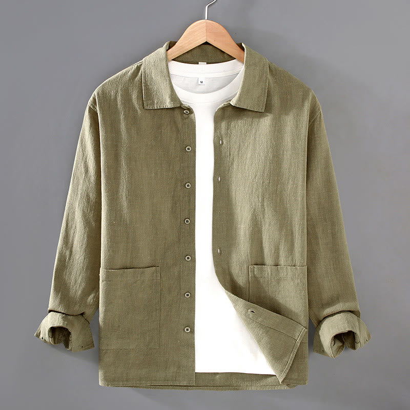 Buddha Stones Solid Color Long Sleeve Buttons Shirt Men Ramie Cotton Clothing With Pockets - YellowGreen - US/UK/AU42,EU52 (3XL) - image 7