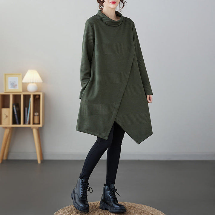 Buddha Stones Winter Irregular Hem Design Mock Neck Cotton Long Sleeve Midi Dress With Pockets - image 2