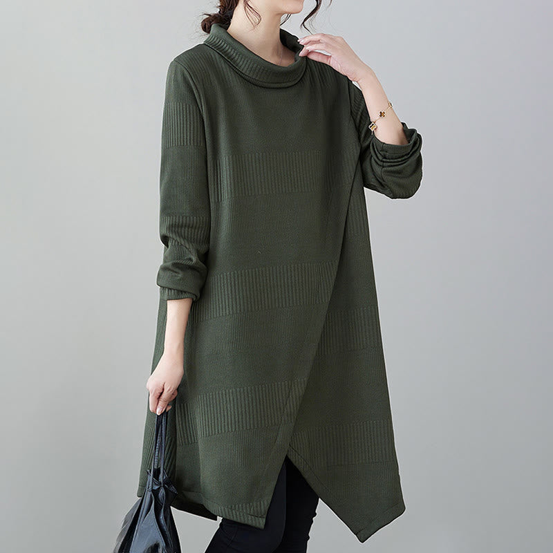 Buddha Stones Winter Irregular Hem Design Mock Neck Cotton Long Sleeve Midi Dress With Pockets - image 3