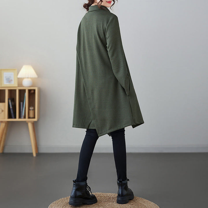 Buddha Stones Winter Irregular Hem Design Mock Neck Cotton Long Sleeve Midi Dress With Pockets - image 1