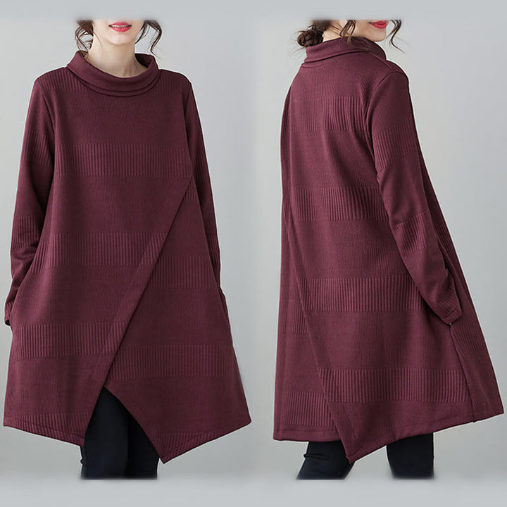 Buddha Stones Winter Irregular Hem Design Mock Neck Cotton Long Sleeve Midi Dress With Pockets - image 10