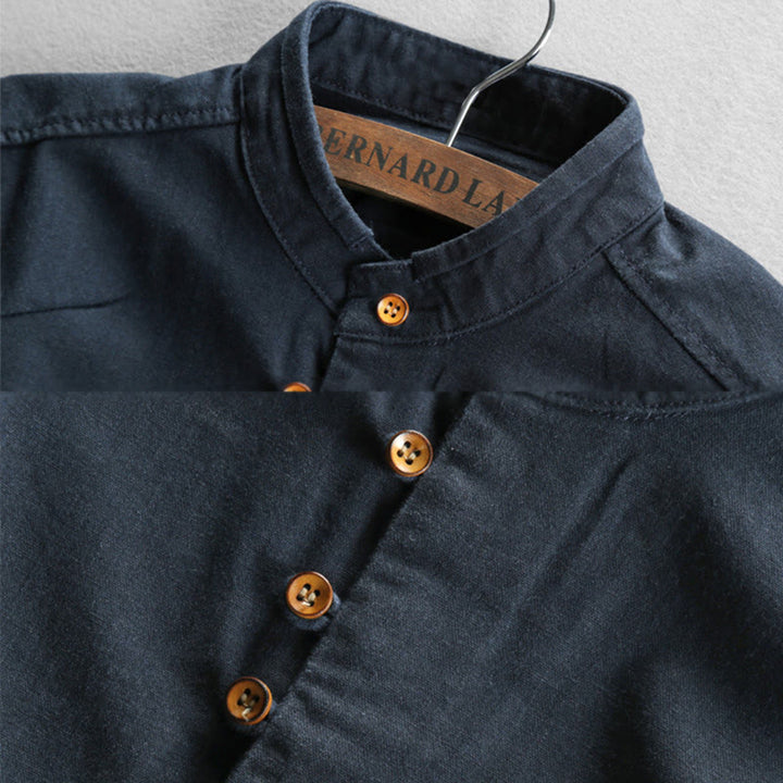 Buddha Stones Men's Slim Fit Design Stand Collar Crew Neck Long Sleeve Cotton Linen Shirt - image 1