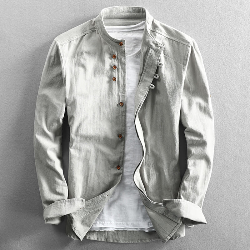 Buddha Stones Men's Slim Fit Design Stand Collar Crew Neck Long Sleeve Cotton Linen Shirt - WhiteSmoke - US/UK/AU50,EU60 (7XL) - image 12