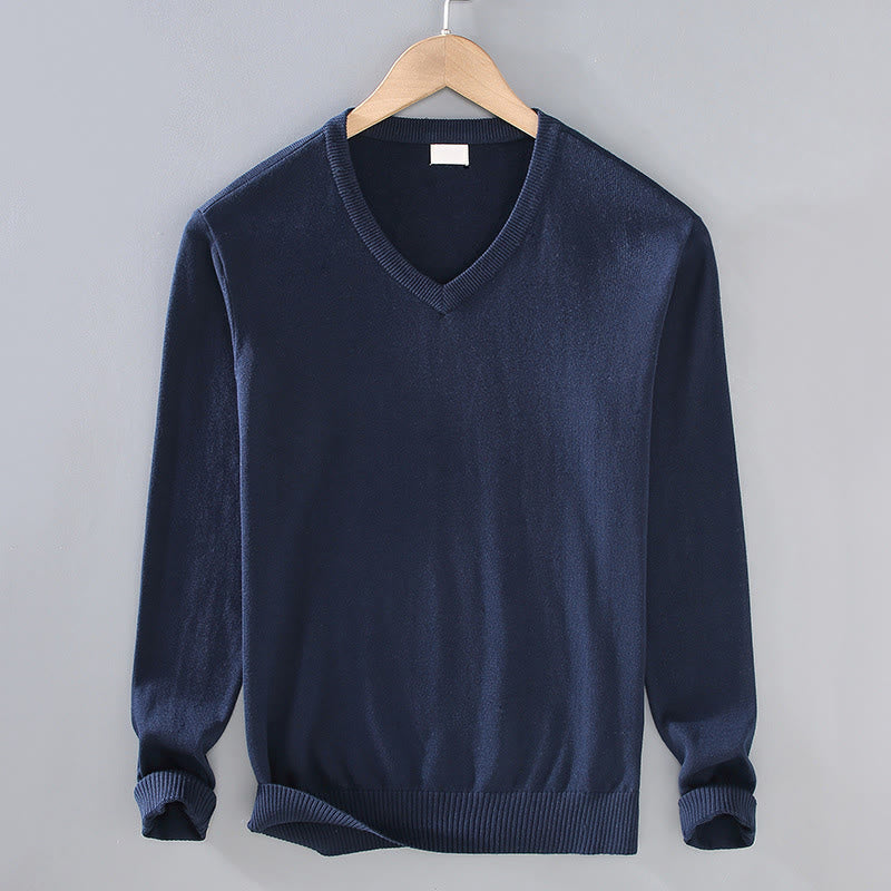 Buddha Stones Solid Color V-Neck Cotton Simple Design Men's Long Sleeve Sweater - MidnightBlue - US/UK/AU42,EU52 (3XL) - image 10