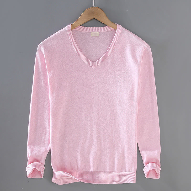 Buddha Stones Solid Color V-Neck Cotton Simple Design Men's Long Sleeve Sweater - Pink - US/UK/AU42,EU52 (3XL) - image 11