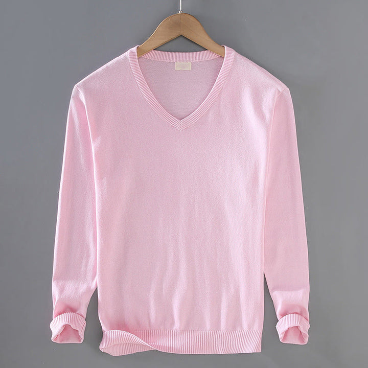Buddha Stones Solid Color V-Neck Cotton Simple Design Men's Long Sleeve Sweater - Pink - US/UK/AU42,EU52 (3XL) - image 11