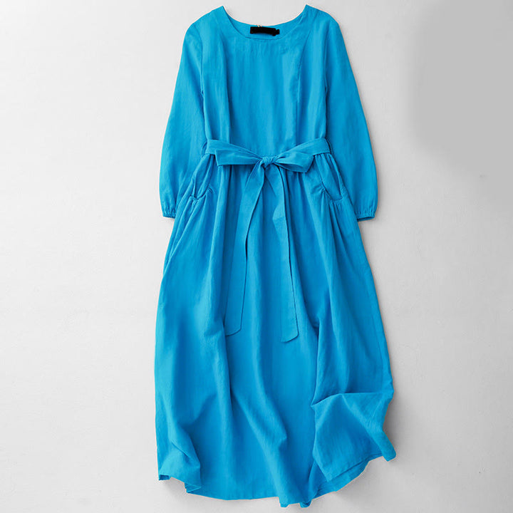 Buddha Stones Plain Long Sleeve Lace-up Desgin Women's Cotton Midi Dress With Pockets - DeepSkyBlue - US8-10,UK/AU12-14,EU40-42 (2XL) - image 0