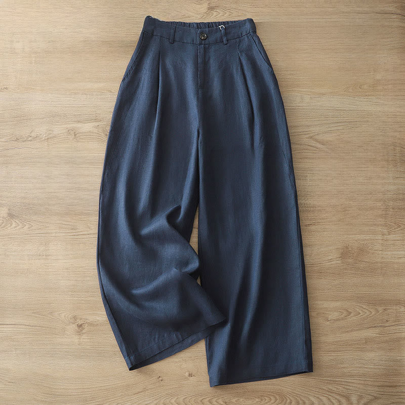 Buddha Stones Solid Color Cotton Women's Button Wide Leg Pants With Pockets - DarkBlue - US8-10,UK/AU12-14,EU40-42 (2XL) - image 0