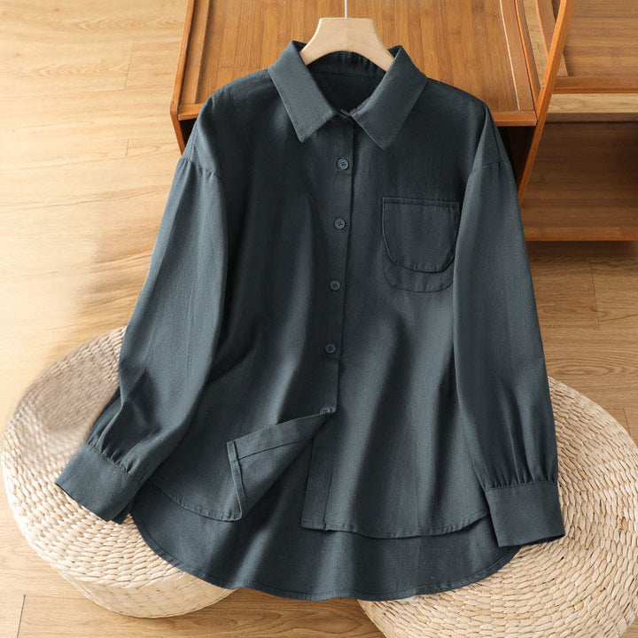 Buddha Stones Casual Women's Long Sleeve Stand Collar Cotton Shirt With Pockets - DarkSlateGray - US14,UK/AU18,EU46 (2XL) - image 0