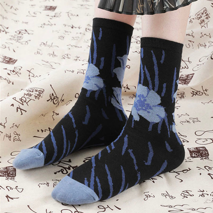 Buddha Stones Chinese Calligraphy Floral Design Micro Crew Women Cotton Socks - image 18