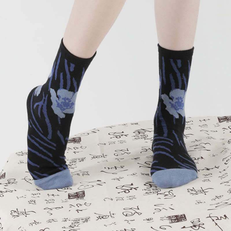 Buddha Stones Chinese Calligraphy Floral Design Micro Crew Women Cotton Socks - image 19