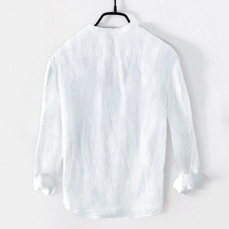 Buddha Stones Solid Color Long Sleeve Half Button Shirt Cotton Linen Men Clothing - image 11