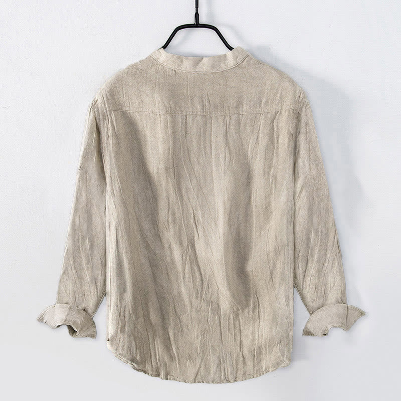 Buddha Stones Solid Color Long Sleeve Half Button Shirt Cotton Linen Men Clothing - image 17