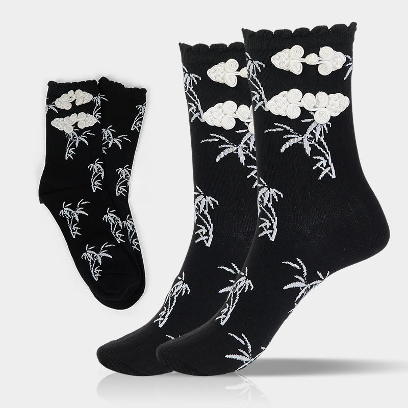 Buddha Stones Chinese Frog-Button Design Jacquard Bamboo Pattern Micro Crew Women's Socks - Black - One Size Fits Most (US 5.5-8.5,EU 36–40,UK/AU 3.5-6.5,AISA 23–25 cm) - image 0