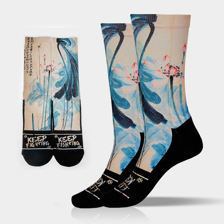 Buddha Stones Casual Lotus Chinese Landscape Painting Micro Crew Men Women Unisex Socks - Wheat - One Size Fits Most (US 5-10.5,EU 38-44,UK/AU 5-10.5,AISA 24.5-28cm) - image 0
