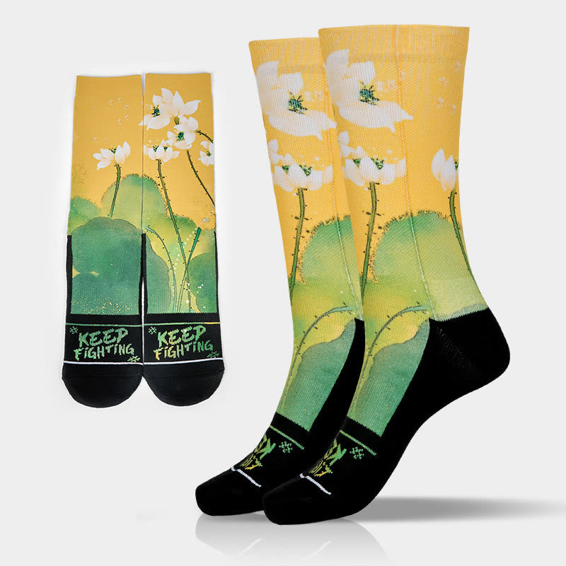 Buddha Stones Casual Beige Lotus Flowers Leaves Micro Crew Men Women Unisex Socks - Gold - One Size Fits Most (US 5-10.5,EU 38-44,UK/AU 5-10.5,AISA 24.5-28cm) - image 0