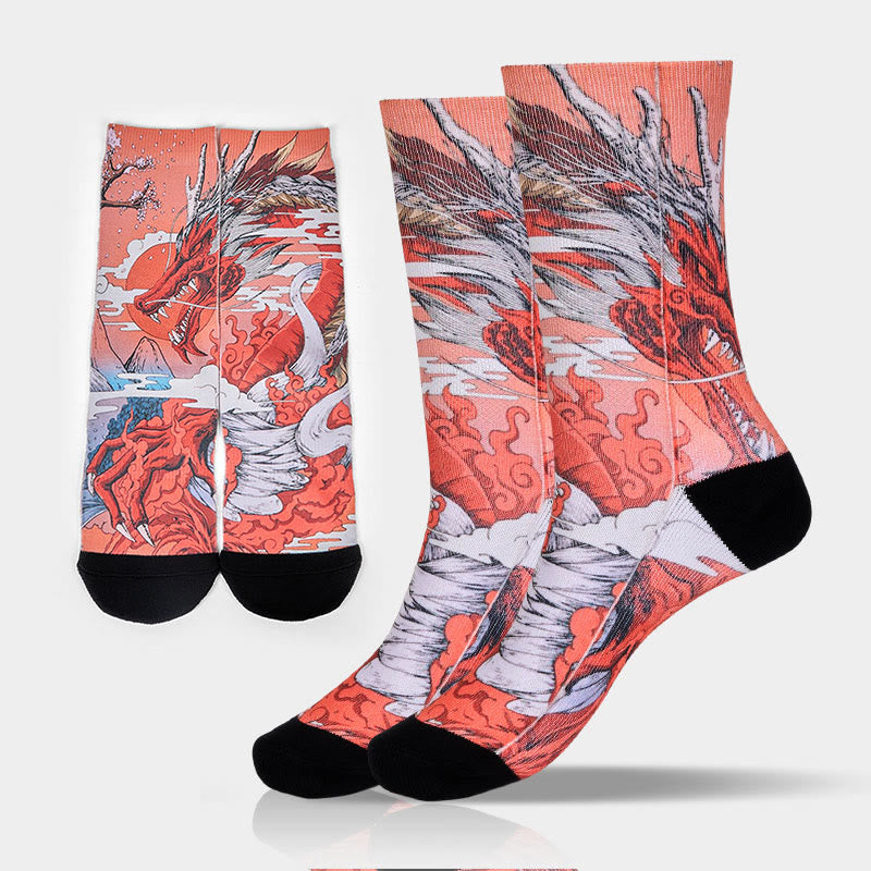 Buddha Stones Casual Red Dragon Volcano Sun Tree Mountains Micro Crew Men Women Unisex Socks - Coral - M-L(US 8-12,EU 41-45,UK/AU 7.5-11.5,AISA 25.5-28.5cm) - image 0
