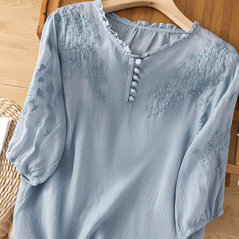 Buddha Stones Casual Plain Button Floral Embroidered Design Puff Half Sleeve Women's Shirt - image 2