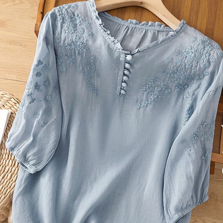 Buddha Stones Casual Plain Button Floral Embroidered Design Puff Half Sleeve Women's Shirt - image 2