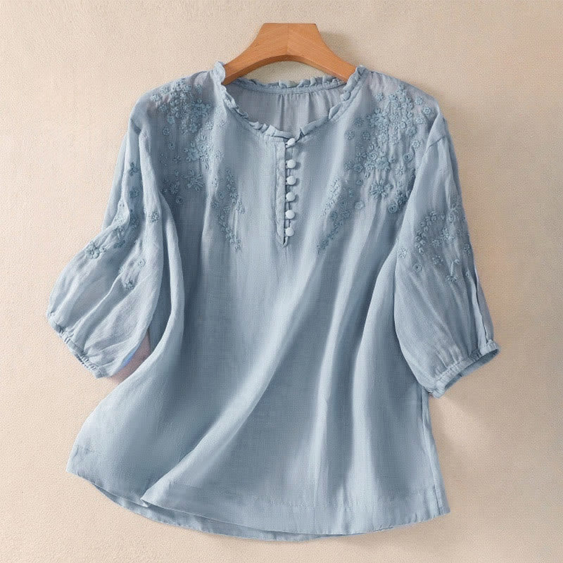 Buddha Stones Casual Plain Button Floral Embroidered Design Puff Half Sleeve Women's Shirt - LightBlue - US8-10,UK/AU12-14,EU40-42 (2XL) - image 0