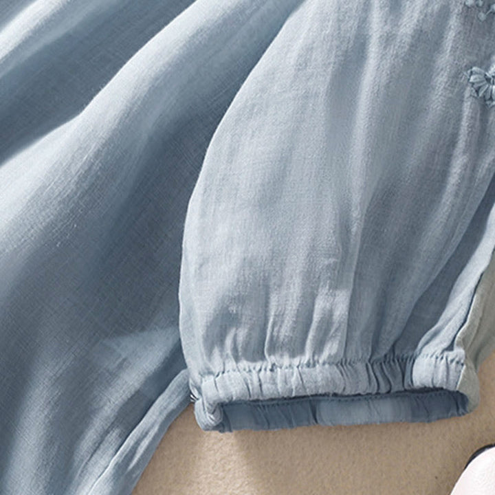 Buddha Stones Casual Plain Button Floral Embroidered Design Puff Half Sleeve Women's Shirt - image 3