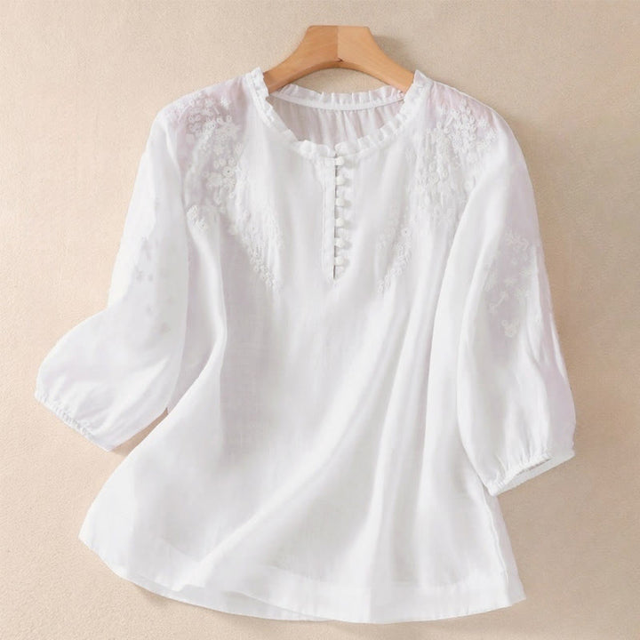 Buddha Stones Casual Plain Button Floral Embroidered Design Puff Half Sleeve Women's Shirt - WhiteSmoke - US8-10,UK/AU12-14,EU40-42 (2XL) - image 6
