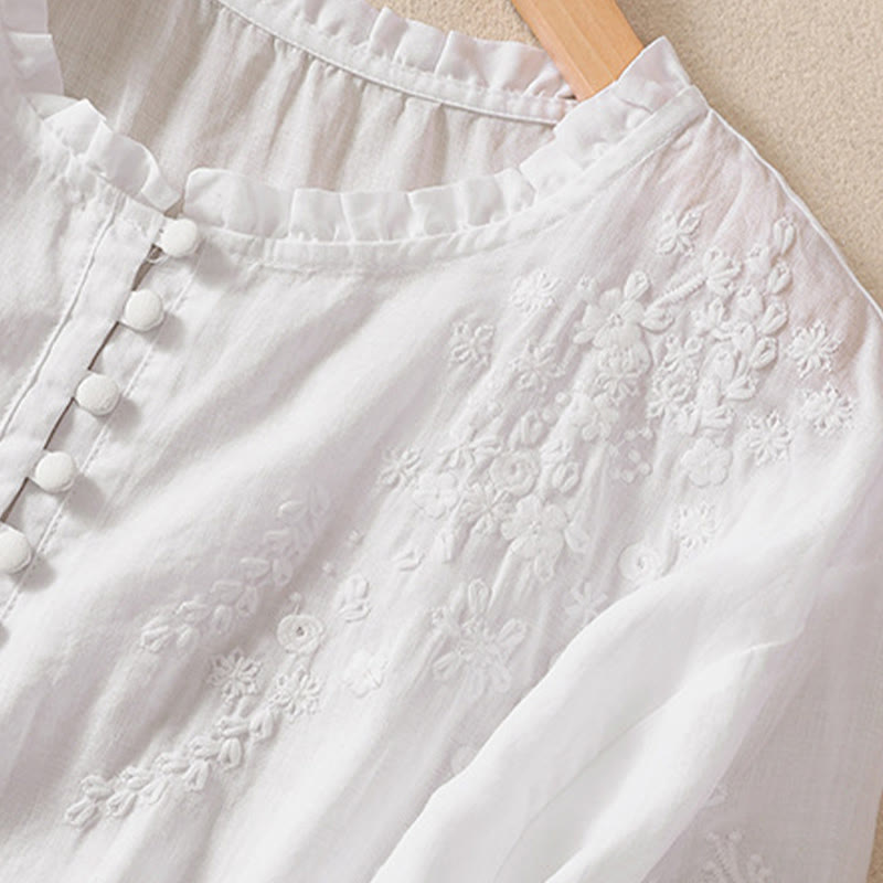 Buddha Stones Casual Plain Button Floral Embroidered Design Puff Half Sleeve Women's Shirt - image 10