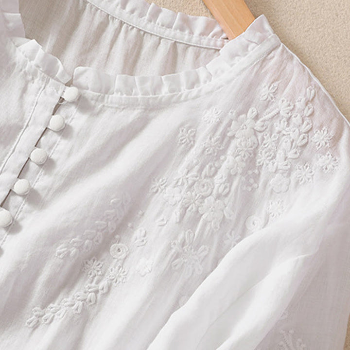 Buddha Stones Casual Plain Button Floral Embroidered Design Puff Half Sleeve Women's Shirt - image 10