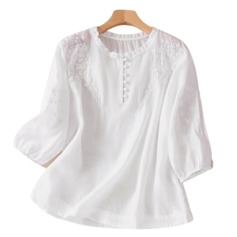 Buddha Stones Casual Plain Button Floral Embroidered Design Puff Half Sleeve Women's Shirt - image 9