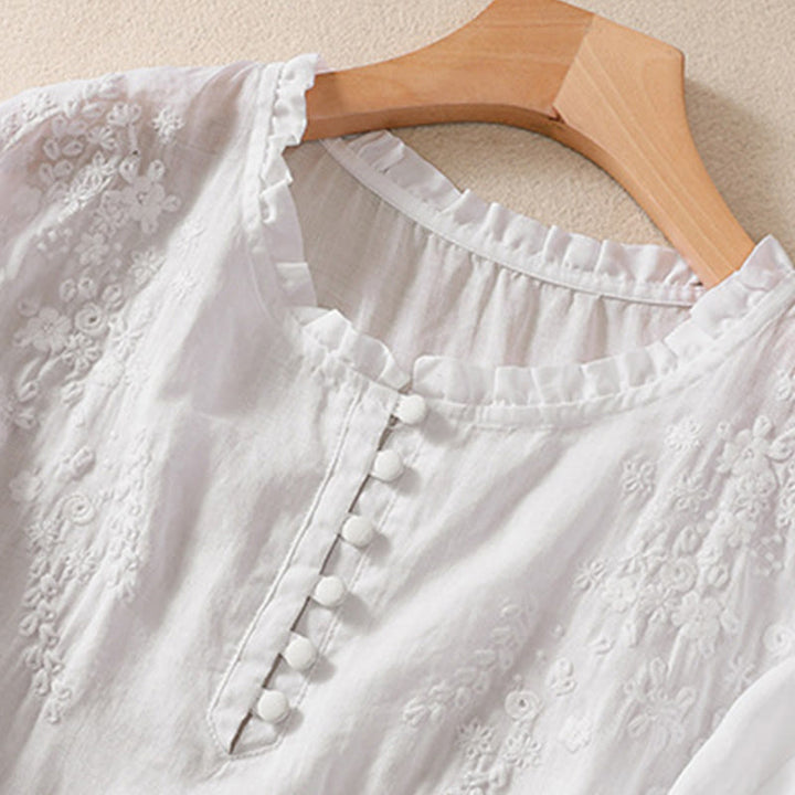 Buddha Stones Casual Plain Button Floral Embroidered Design Puff Half Sleeve Women's Shirt - image 11