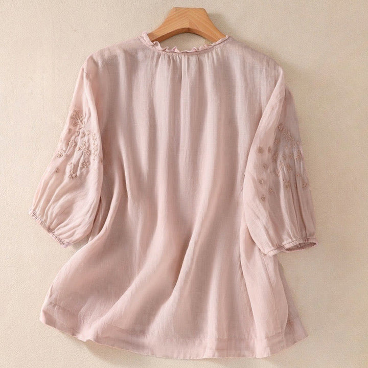 Buddha Stones Casual Plain Button Floral Embroidered Design Puff Half Sleeve Women's Shirt - image 14