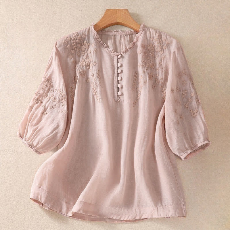 Buddha Stones Casual Plain Button Floral Embroidered Design Puff Half Sleeve Women's Shirt - LightPink - US8-10,UK/AU12-14,EU40-42 (2XL) - image 13
