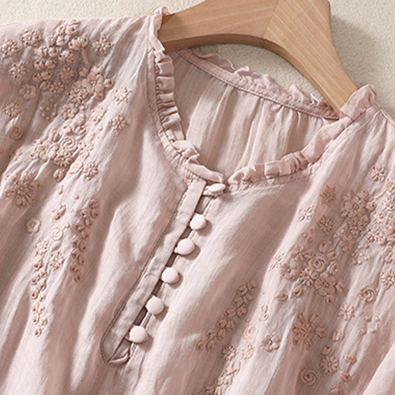 Buddha Stones Casual Plain Button Floral Embroidered Design Puff Half Sleeve Women's Shirt - image 17