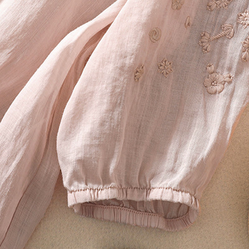 Buddha Stones Casual Plain Button Floral Embroidered Design Puff Half Sleeve Women's Shirt - image 16