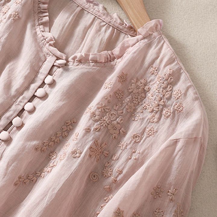 Buddha Stones Casual Plain Button Floral Embroidered Design Puff Half Sleeve Women's Shirt - image 18