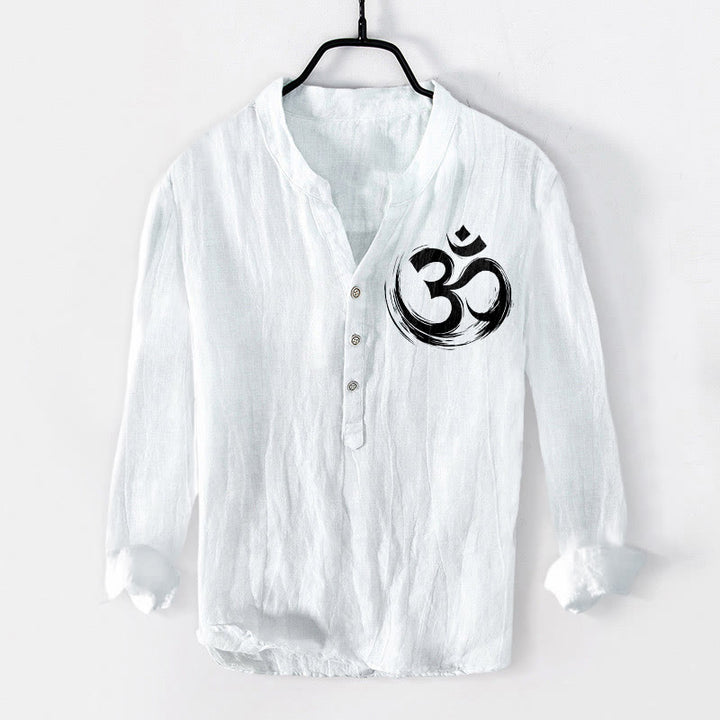 Buddha Stones Om Symbol Pattern Half Buttons Men's Cotton Linen Long Sleeve Shirt - White - US/UK/AU50,EU60 (5XL) - image 6