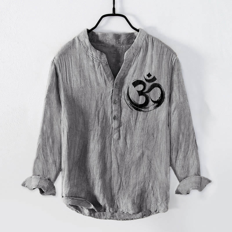 Buddha Stones Om Symbol Pattern Half Buttons Men's Cotton Linen Long Sleeve Shirt - Gray - US/UK/AU50,EU60 (5XL) - image 0