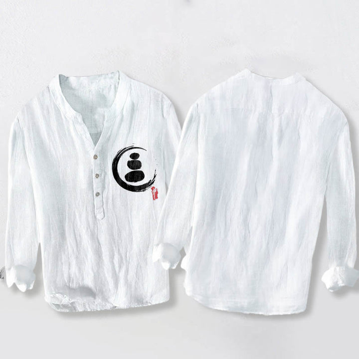 Buddha Stones Zen Stone Pattern Half Buttons Men's Cotton Linen Long Sleeve Shirt - image 8