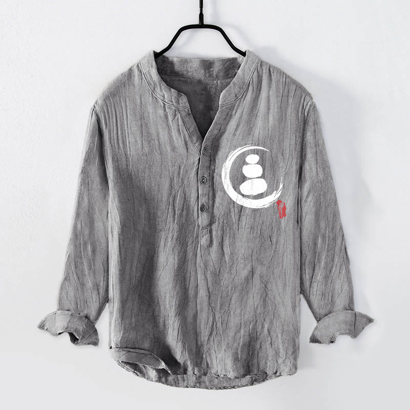 Buddha Stones Zen Stone Pattern Half Buttons Men's Cotton Linen Long Sleeve Shirt - Gray - US/UK/AU50,EU60 (5XL) - image 0